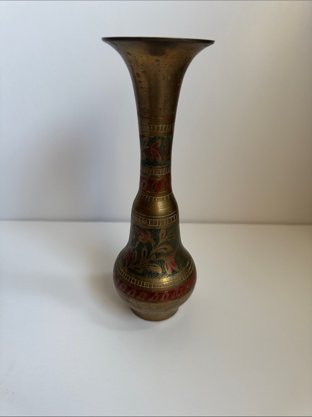 Vintage Indian Brass Floral Vase 8” Hand Etched Boho Decor